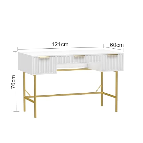 HYGRAD BUILT TO SURVIVE 121cm Wide Free Standing White Wooden Fluted Chic Writing Study Computer Desk Vanity Console Dressing Table 3 Drawers With Gold Metal Frame HYGRAD BUILT TO SURVIVE