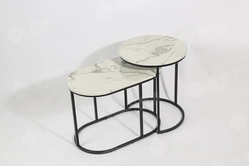 HYGRAD BUILT TO SURVIVE Set of 2 Marble/Metal Round Oval Nesting Side End Coffee Table White/Gold, White/Black, Black/Black & Black/Gold For Home Living Bed Room (White/Black) HYGRAD BUILT TO SURVIVE