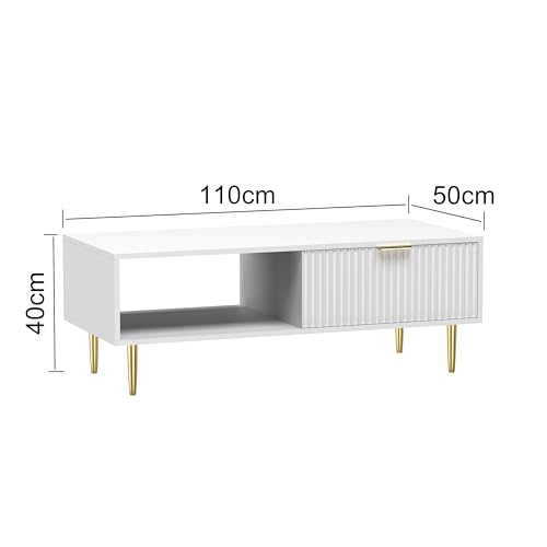 HYGRAD BUILT TO SURVIVE Free Standing White Wooden Fluted Chic Low Rise Coffee Centre Table Drawer Storage Home Living Room Furniture HYGRAD BUILT TO SURVIVE