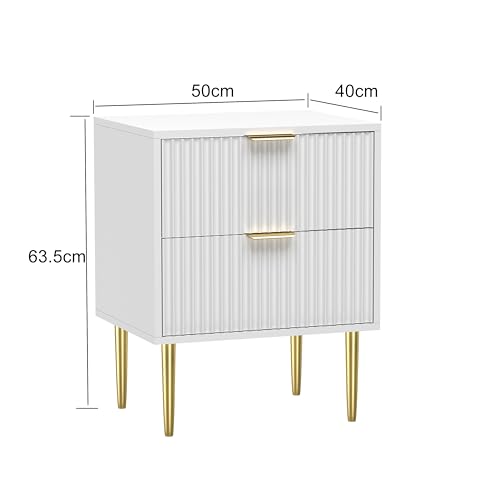 HYGRAD BUILT TO SURVIVE White Wooden 2 Drawer Chic Fluted Bedside End Sofa Table Nightstand For Living Bedroom Home With 4 Golden Legs HYGRAD BUILT TO SURVIVE