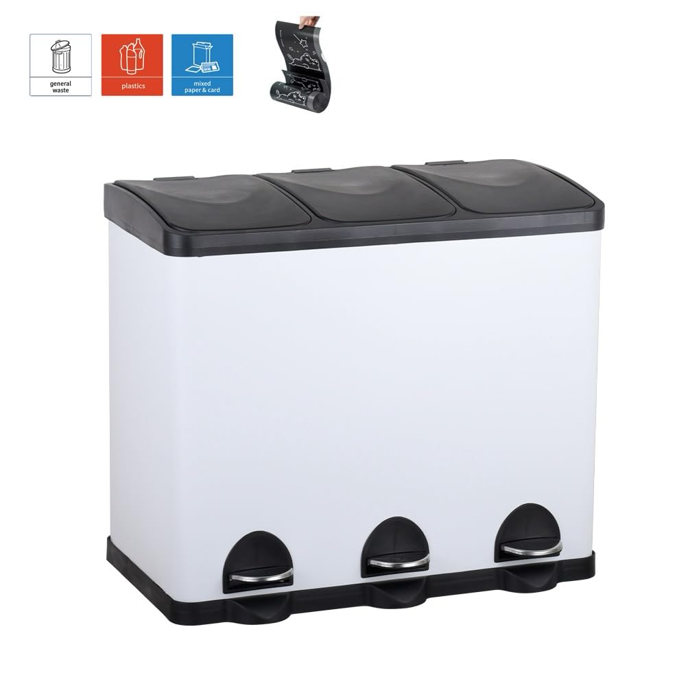 HYGRAD BUILT TO SURVIVE 3 Compartment Portable Floor Standing Metal/Plastic Pedal Recycle Trash Waste Bin Can In 45L 60L & 3 Colours With Stickers & Bin Liners (White, 45L) HYGRAD BUILT TO SURVIVE