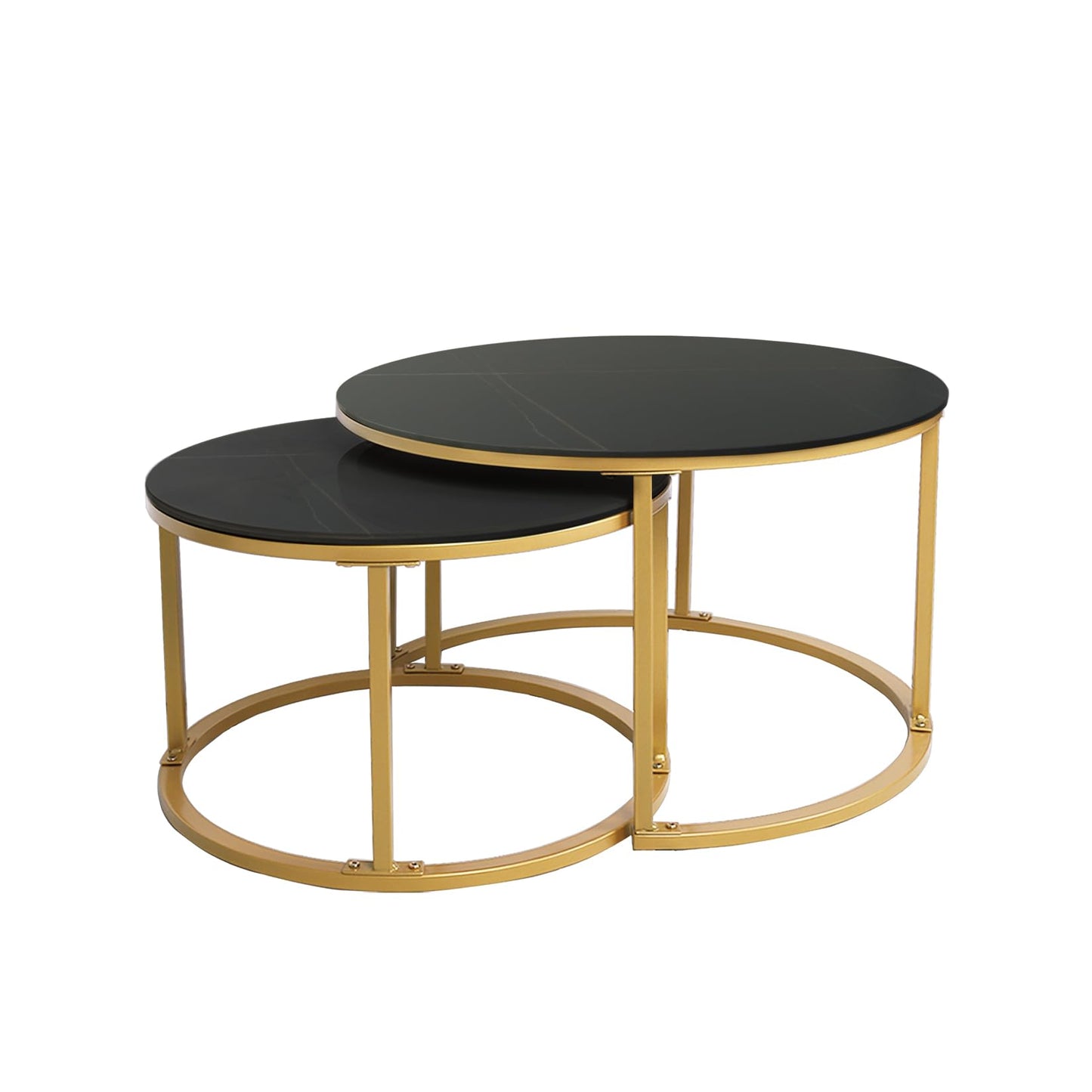 HYGRAD BUILT TO SURVIVE 2 x Round Sintered Stone With Metal Frame Marble Effect Nesting Coffee End Sofa Tables Home Living Room Furniture 70 x 70cm (Black/Gold) HYGRAD BUILT TO SURVIVE