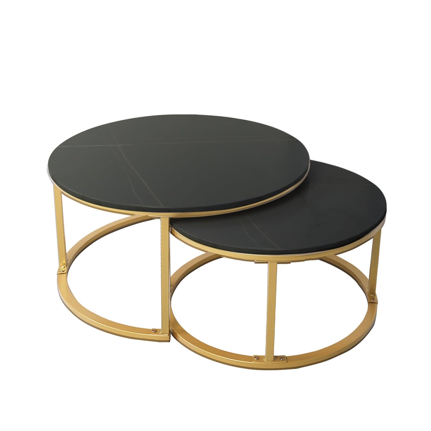 HYGRAD BUILT TO SURVIVE 2 x Round Sintered Stone With Metal Frame Marble Effect Nesting Coffee End Sofa Tables Home Living Room Furniture 70 x 70cm (Black/Gold) HYGRAD BUILT TO SURVIVE