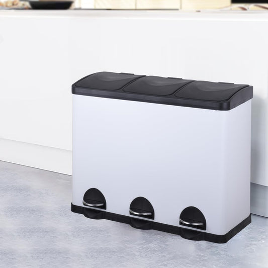 HYGRAD BUILT TO SURVIVE 3 Compartment Portable Floor Standing Metal/Plastic Pedal Recycle Trash Waste Bin Can In 45L 60L & 3 Colours With Stickers & Bin Liners (White, 45L) HYGRAD BUILT TO SURVIVE