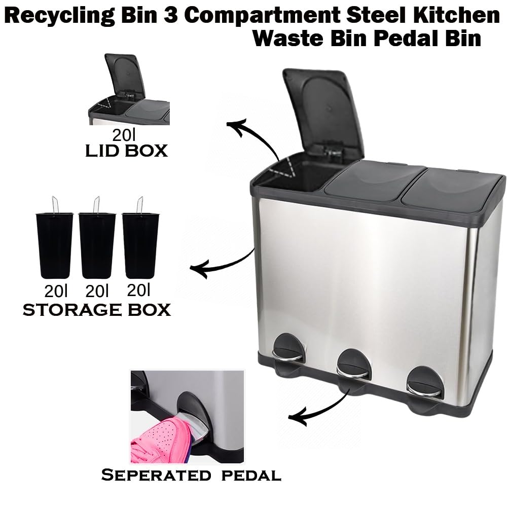 HYGRAD BUILT TO SURVIVE 3 Compartment Portable Floor Standing Metal/Plastic Pedal Recycle Trash Waste Bin Can In 45L 60L & 3 Colours With Stickers & Bin Liners (Silver, 60L) HYGRAD BUILT TO SURVIVE