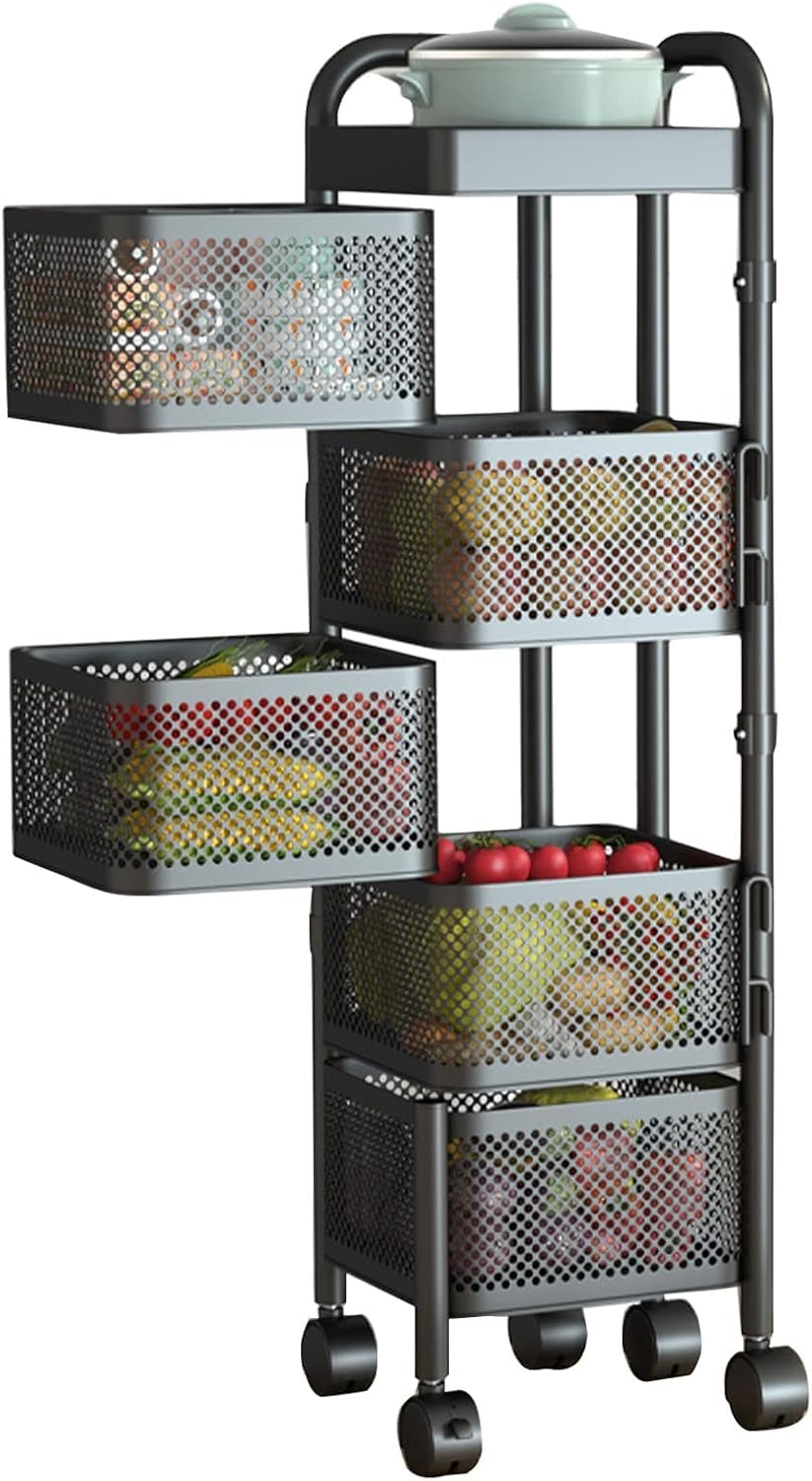 4, 5 Tier Rolling Multi-purpose Metal Rotating Rolling Free Standing Detachable Mesh Potato/Fruits/Vegetable Storage Baskets Shelf Organizer Tidy Kitchen Rack With Wheels (5 Tier) HYGRAD BUILT TO SURVIVE
