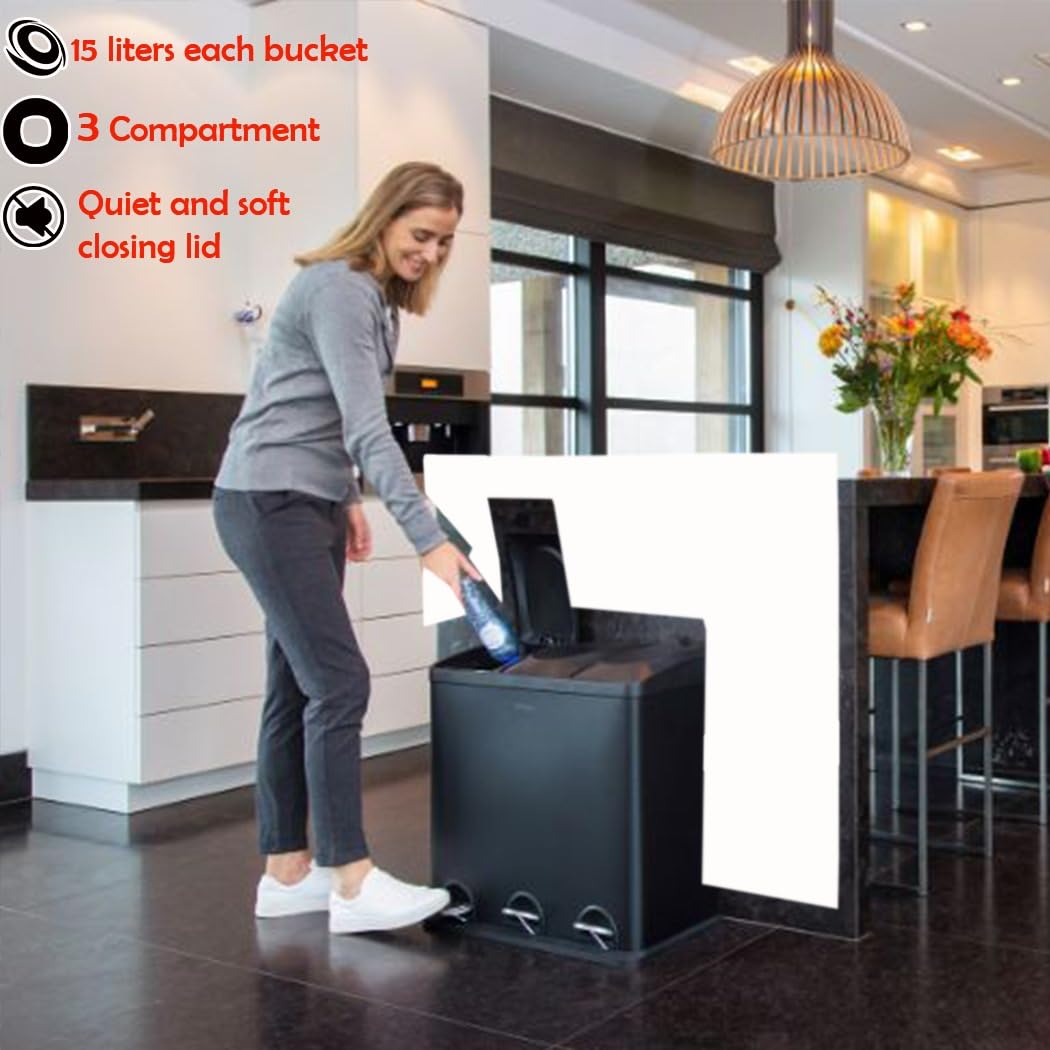 HYGRAD BUILT TO SURVIVE 3 Compartment Portable Floor Standing Metal/Plastic Pedal Recycle Trash Waste Bin Can In 45L 60L & 3 Colours With Stickers & Bin Liners (Black, 45L) HYGRAD BUILT TO SURVIVE