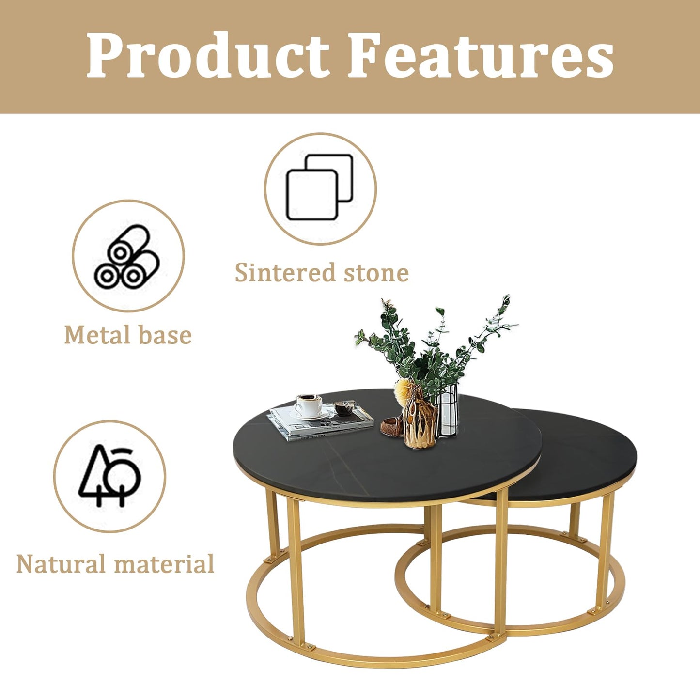 HYGRAD BUILT TO SURVIVE 2 x Round Sintered Stone With Metal Frame Marble Effect Nesting Coffee End Sofa Tables Home Living Room Furniture 70 x 70cm (Black/Gold) HYGRAD BUILT TO SURVIVE