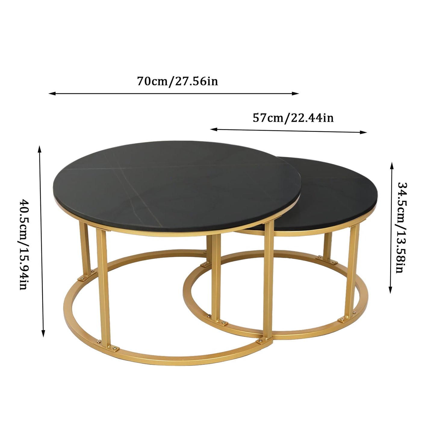 HYGRAD BUILT TO SURVIVE 2 x Round Sintered Stone With Metal Frame Marble Effect Nesting Coffee End Sofa Tables Home Living Room Furniture 70 x 70cm (Black/Gold) HYGRAD BUILT TO SURVIVE