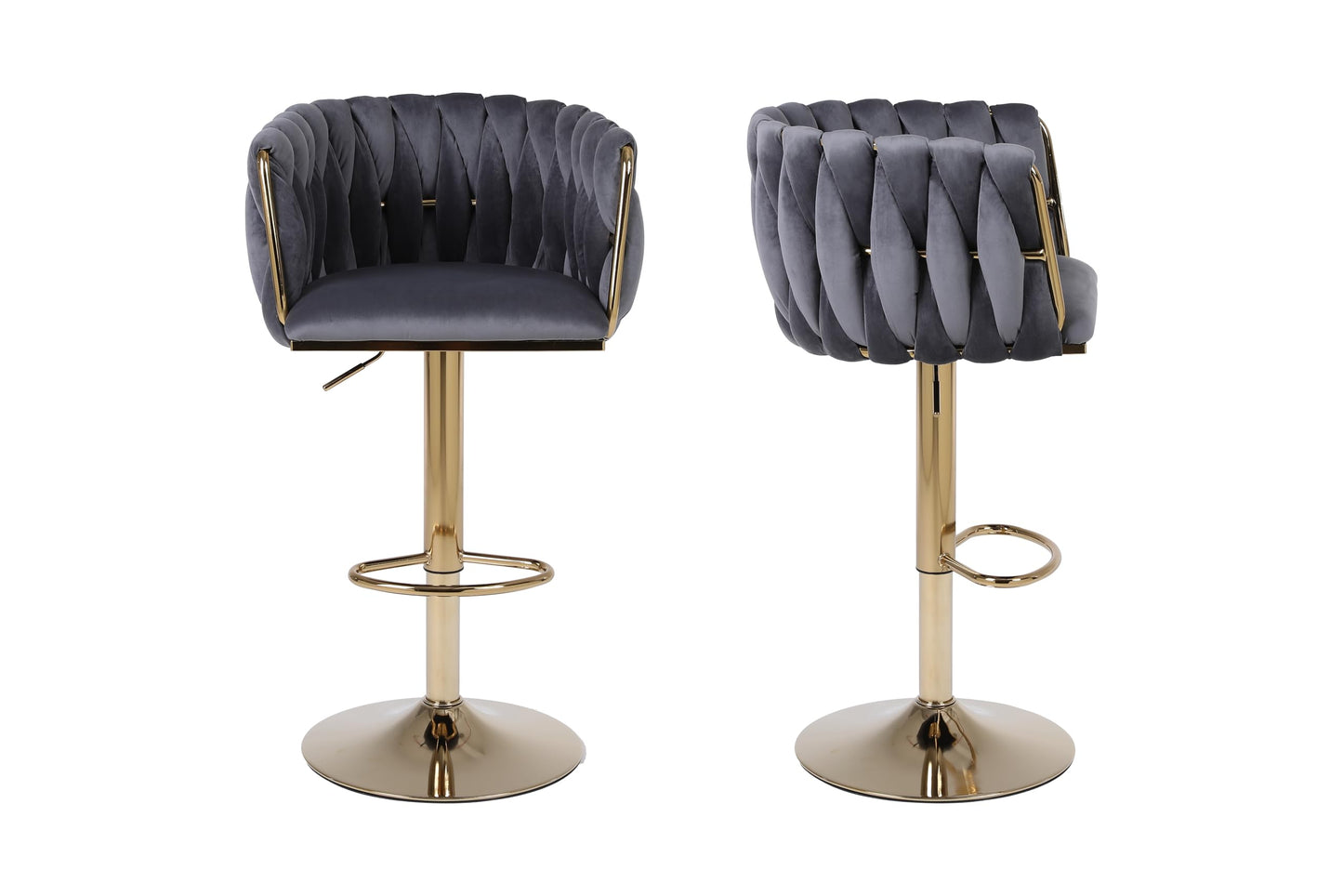 HYGRAD BUILT TO SURVIVE Set of 2 x Velvet Woven Upholstered Adjustable High Swivel Breakfast Bar Pub Home Stool Chair With Gold Metal base & Gas Lift (Grey/Gold) HYGRAD BUILT TO SURVIVE
