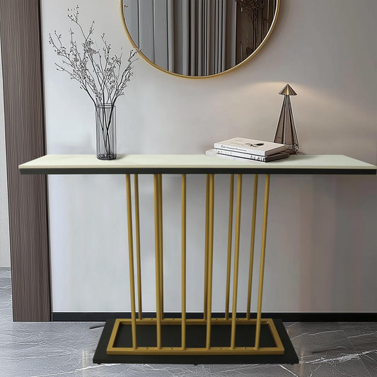 HYGRAD BUILT TO SURVIVE Large Rectangular Free Standing Sintered Stone With Metal Frame Console Sofa End Table Hallway Furniture Home 120cm Wide (White/Gold) HYGRAD BUILT TO SURVIVE