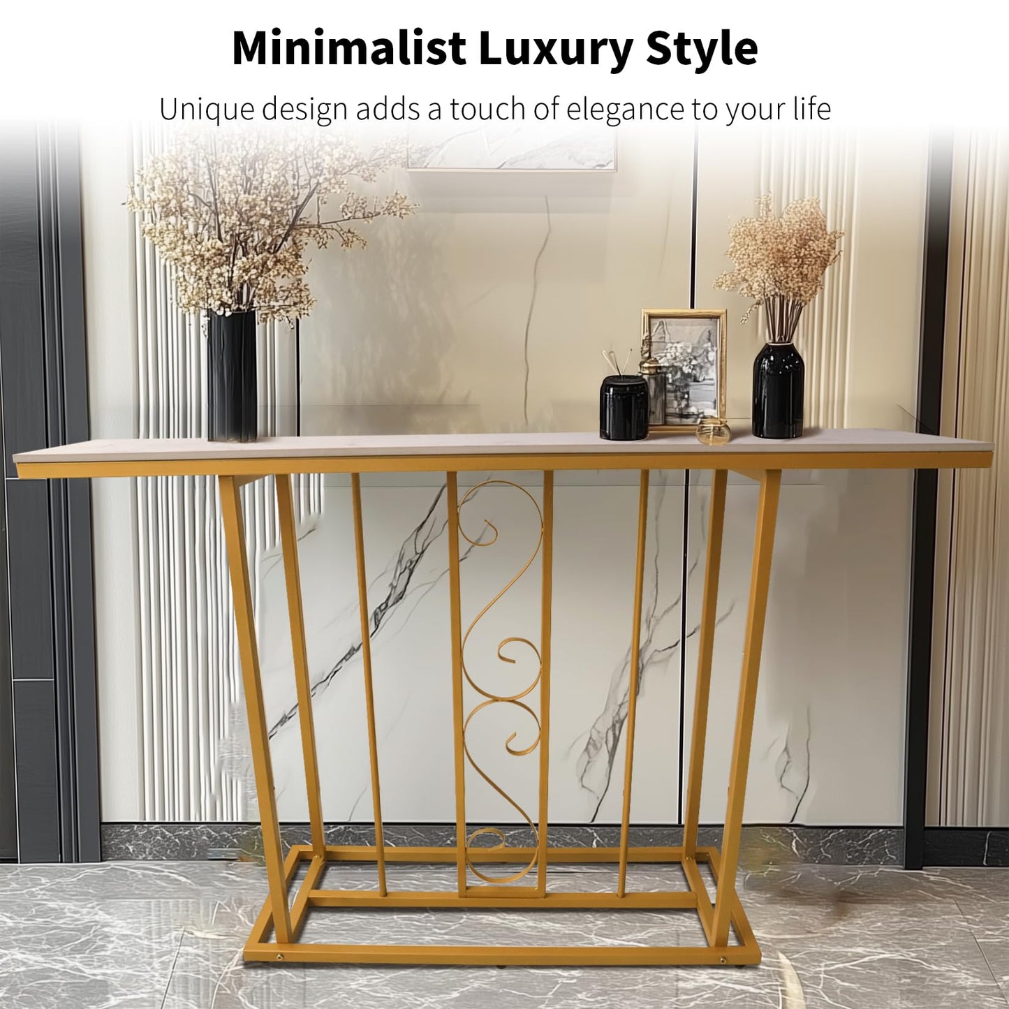 HYGRAD BUILT TO SURVIVE Large Marble Effect Sintered Stone With Metal Frame Free Standing Console Table Hallway Entrance Furniture 120 cm (White/Gold) HYGRAD BUILT TO SURVIVE
