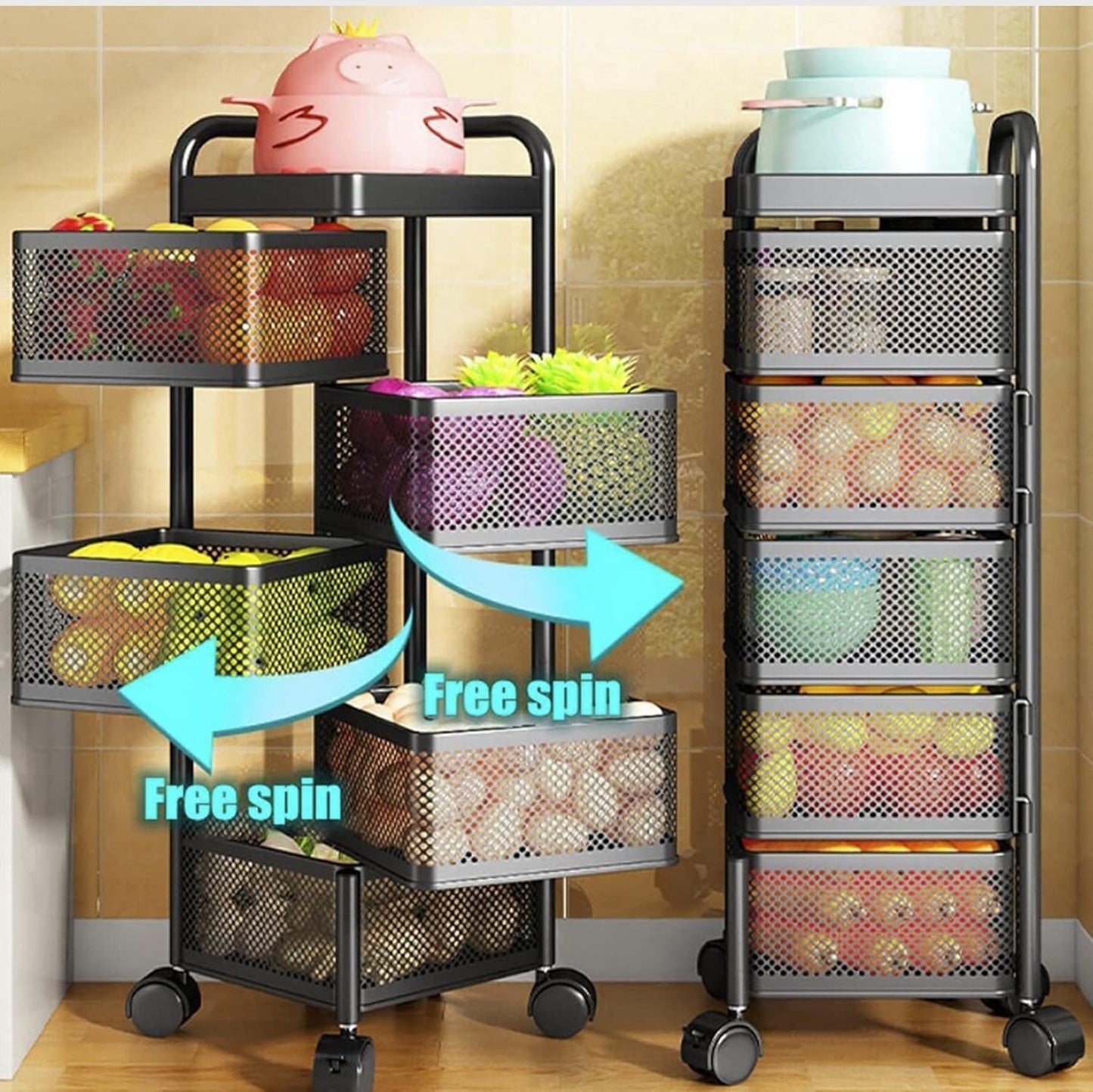 4, 5 Tier Rolling Multi-purpose Metal Rotating Rolling Free Standing Detachable Mesh Potato/Fruits/Vegetable Storage Baskets Shelf Organizer Tidy Kitchen Rack With Wheels (5 Tier) HYGRAD BUILT TO SURVIVE
