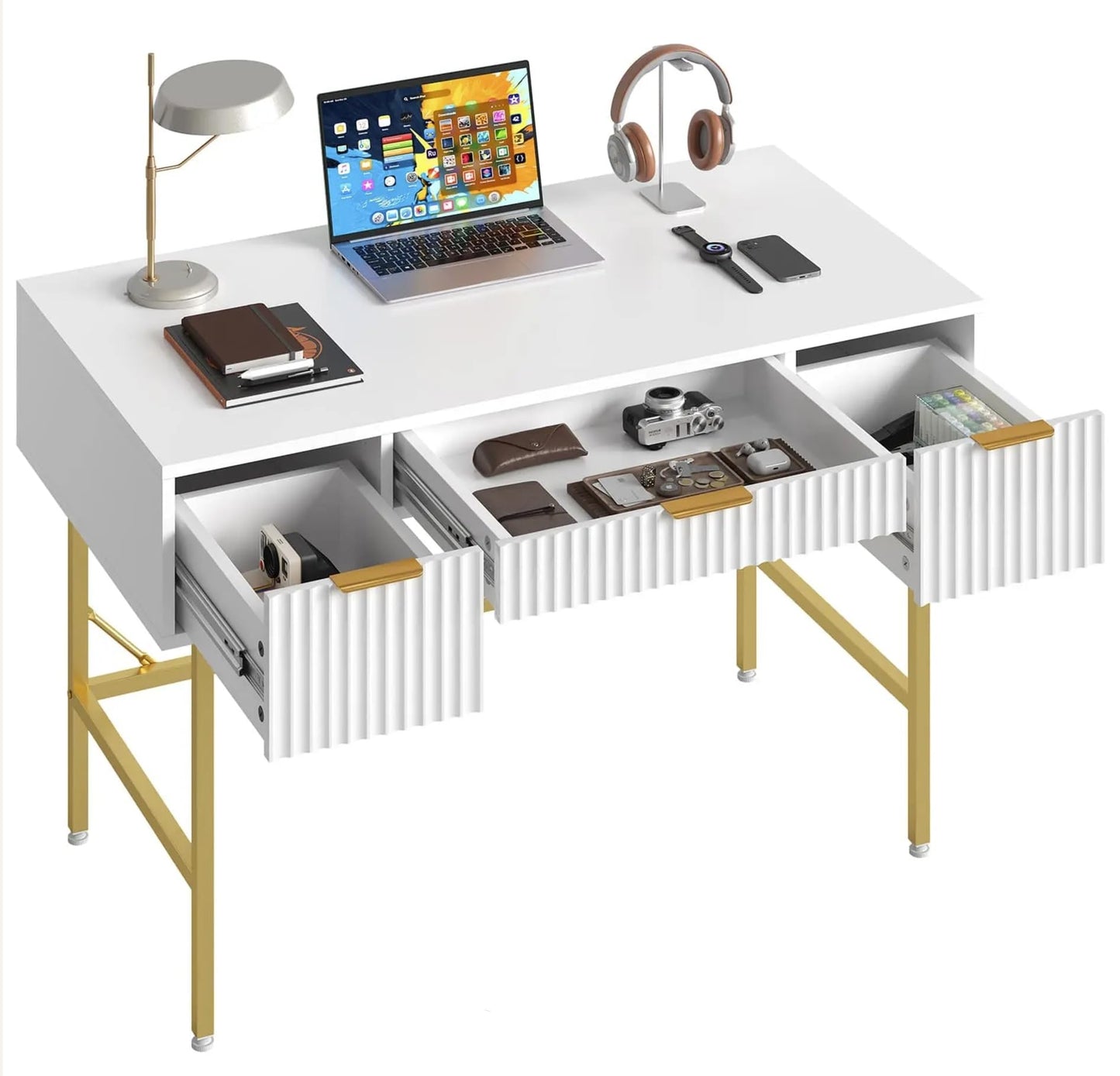 HYGRAD BUILT TO SURVIVE 121cm Wide Free Standing White Wooden Fluted Chic Writing Study Computer Desk Vanity Console Dressing Table 3 Drawers With Gold Metal Frame HYGRAD BUILT TO SURVIVE