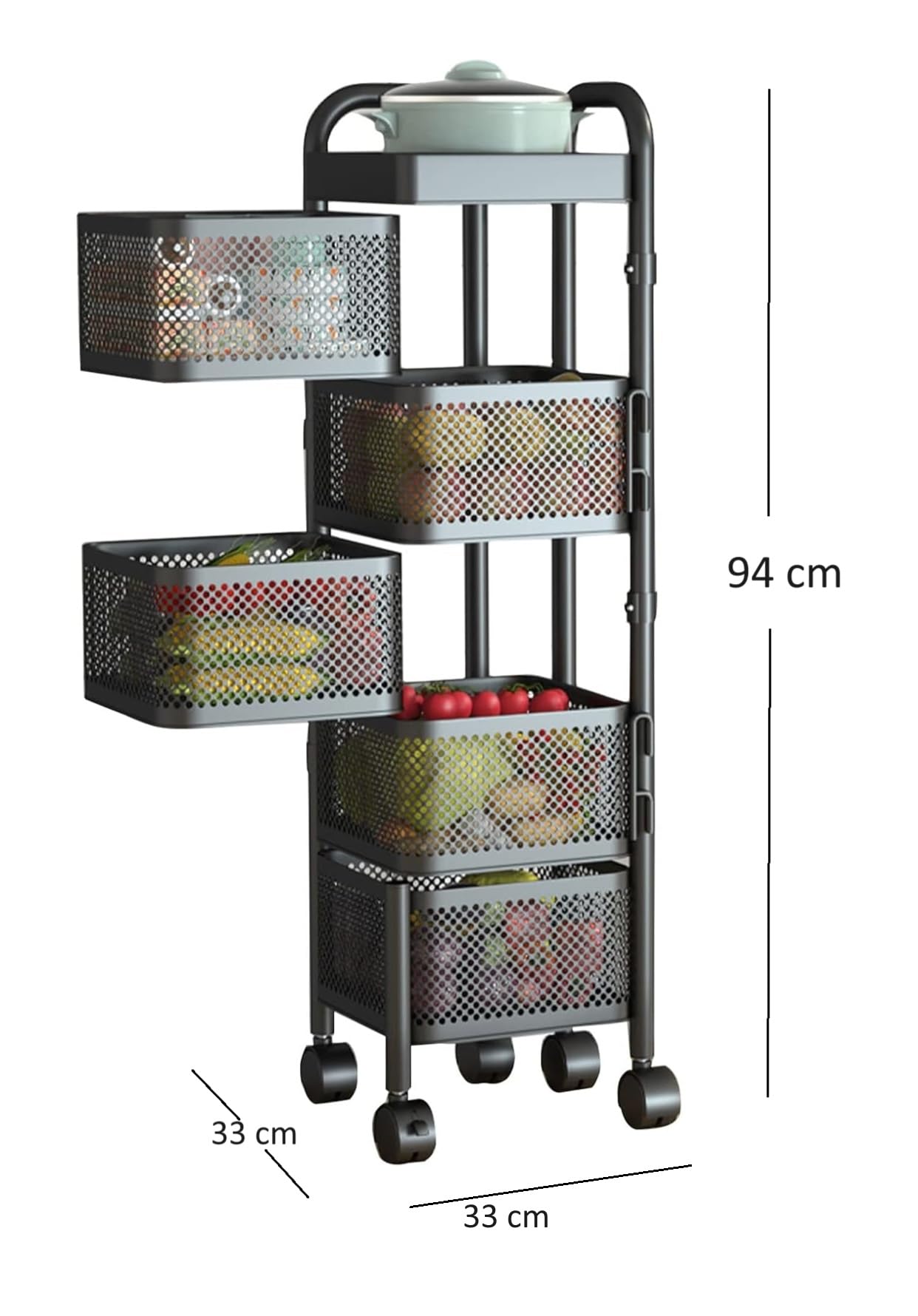 4, 5 Tier Rolling Multi-purpose Metal Rotating Rolling Free Standing Detachable Mesh Potato/Fruits/Vegetable Storage Baskets Shelf Organizer Tidy Kitchen Rack With Wheels (5 Tier) HYGRAD BUILT TO SURVIVE