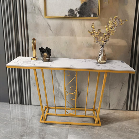 HYGRAD BUILT TO SURVIVE Large Marble Effect Sintered Stone With Metal Frame Free Standing Console Table Hallway Entrance Furniture 120 cm (White/Gold) HYGRAD BUILT TO SURVIVE