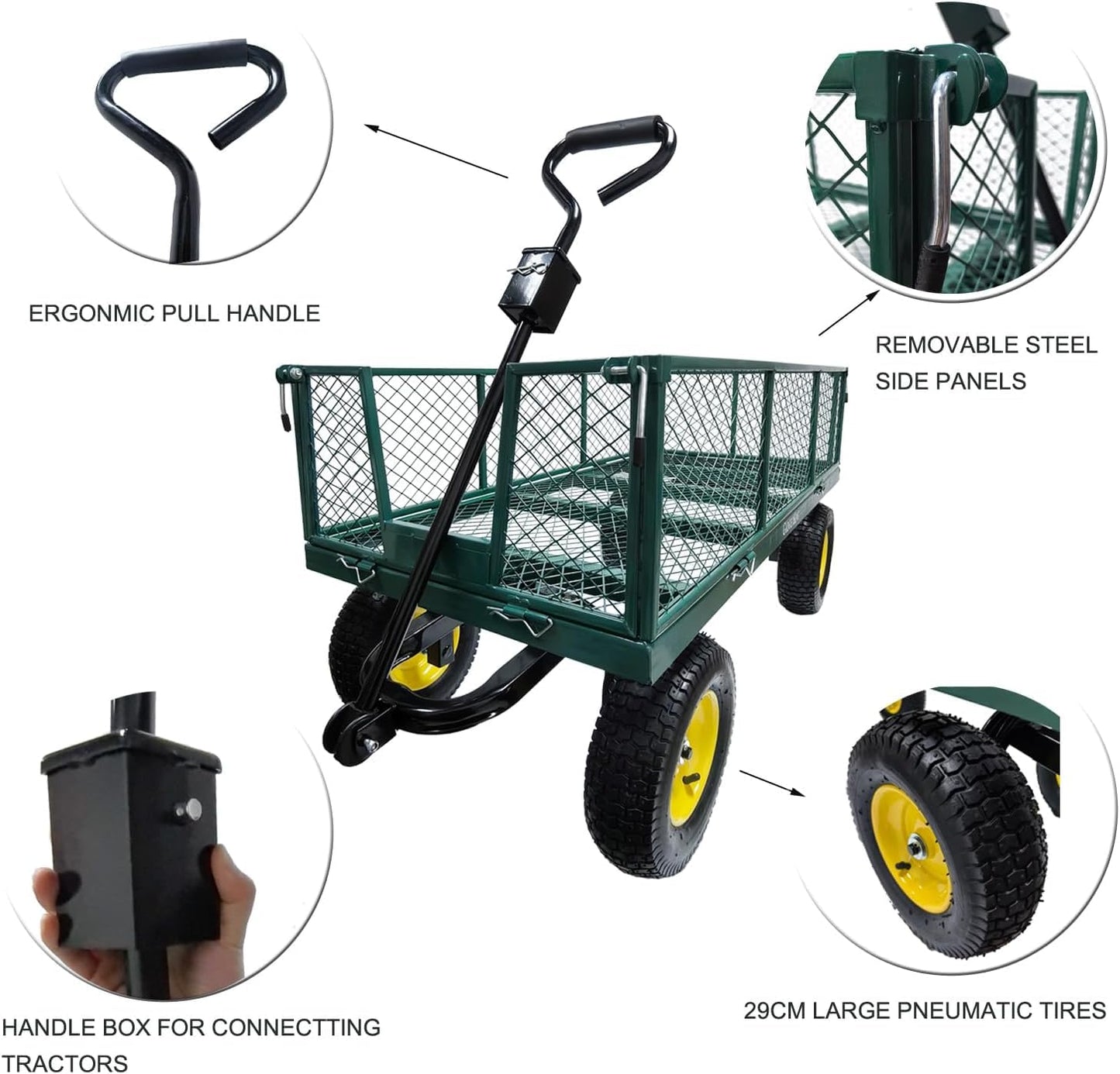 Heavy Duty Steel Mesh Portable Rolling Garden Yard Farm Dump Cart Utility Wagon Beach Trolley 180° Rotating Handle With 4 Pneumatic Wheels HYGRAD BUILT TO SURVIVE