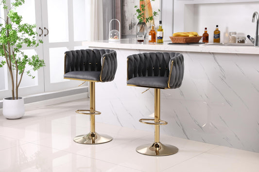HYGRAD BUILT TO SURVIVE Set of 2 x Velvet Woven Upholstered Adjustable High Swivel Breakfast Bar Pub Home Stool Chair With Gold Metal base & Gas Lift (Grey/Gold) HYGRAD BUILT TO SURVIVE