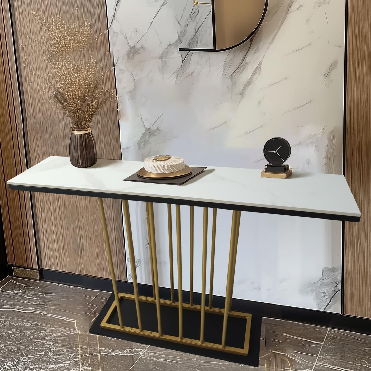 HYGRAD BUILT TO SURVIVE Large Rectangular Free Standing Sintered Stone With Metal Frame Console Sofa End Table Hallway Furniture Home 120cm Wide (White/Gold) HYGRAD BUILT TO SURVIVE