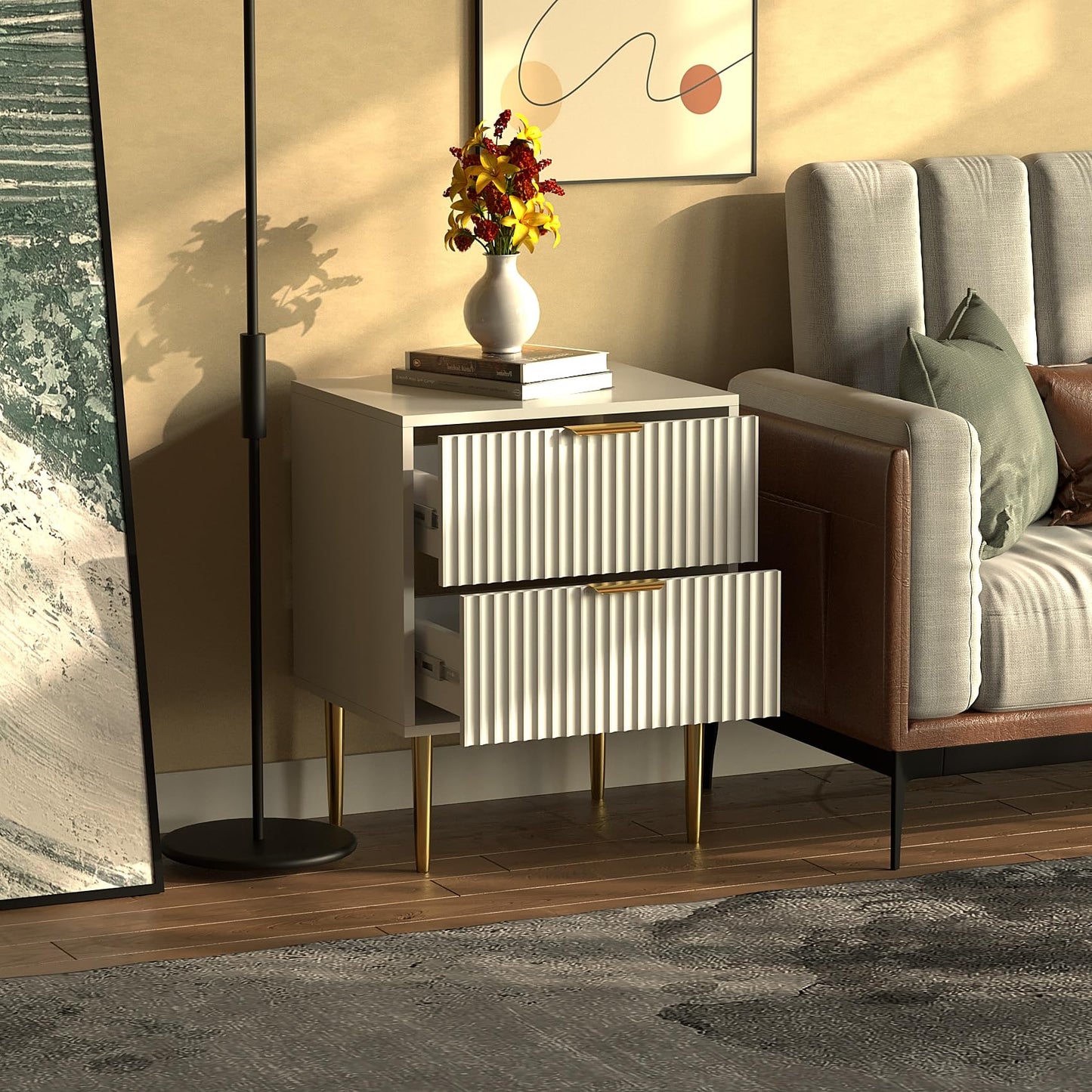 HYGRAD BUILT TO SURVIVE White Wooden 2 Drawer Chic Fluted Bedside End Sofa Table Nightstand For Living Bedroom Home With 4 Golden Legs HYGRAD BUILT TO SURVIVE