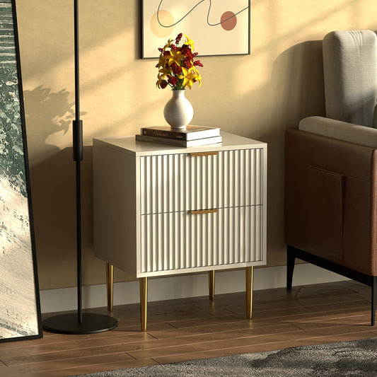 HYGRAD BUILT TO SURVIVE White Wooden 2 Drawer Chic Fluted Bedside End Sofa Table Nightstand For Living Bedroom Home With 4 Golden Legs HYGRAD BUILT TO SURVIVE