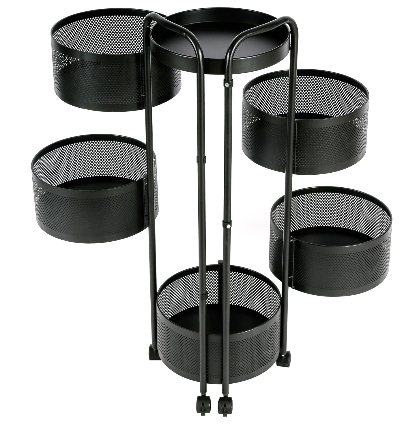 HYGRAD BUILT TO SURVIVE Black Metal Mesh Round Multi-Tier Portable Floor Standing Rotating Kitchen Cart Trolley Organiser Fruit Basket With Wheels (5 Tier) HYGRAD BUILT TO SURVIVE