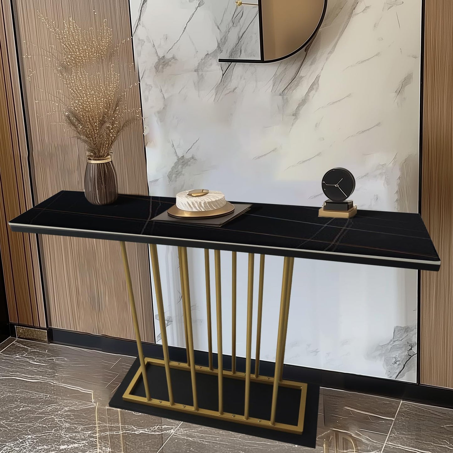 HYGRAD BUILT TO SURVIVE Large Rectangular Free Standing Sintered Stone With Metal Frame Console Sofa End Table Hallway Furniture Home 120cm Wide (Black/Gold) HYGRAD BUILT TO SURVIVE