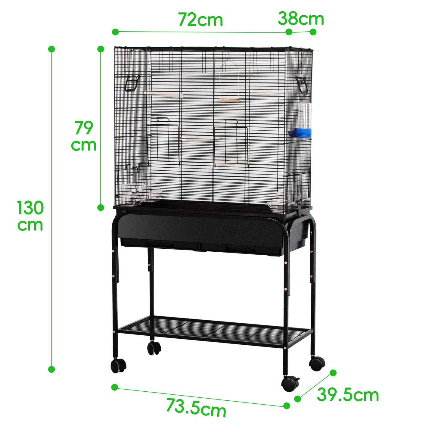 Large Wide Bird Cage Budgie Cage with Stand & Storage Parrot Cage Black Iron Flight Cage for Small lovebird/Cockatiel/Parakeet/Conure/Finch/Budgie/Canary 130cm High with Stand HYGRAD BUILT TO SURVIVE