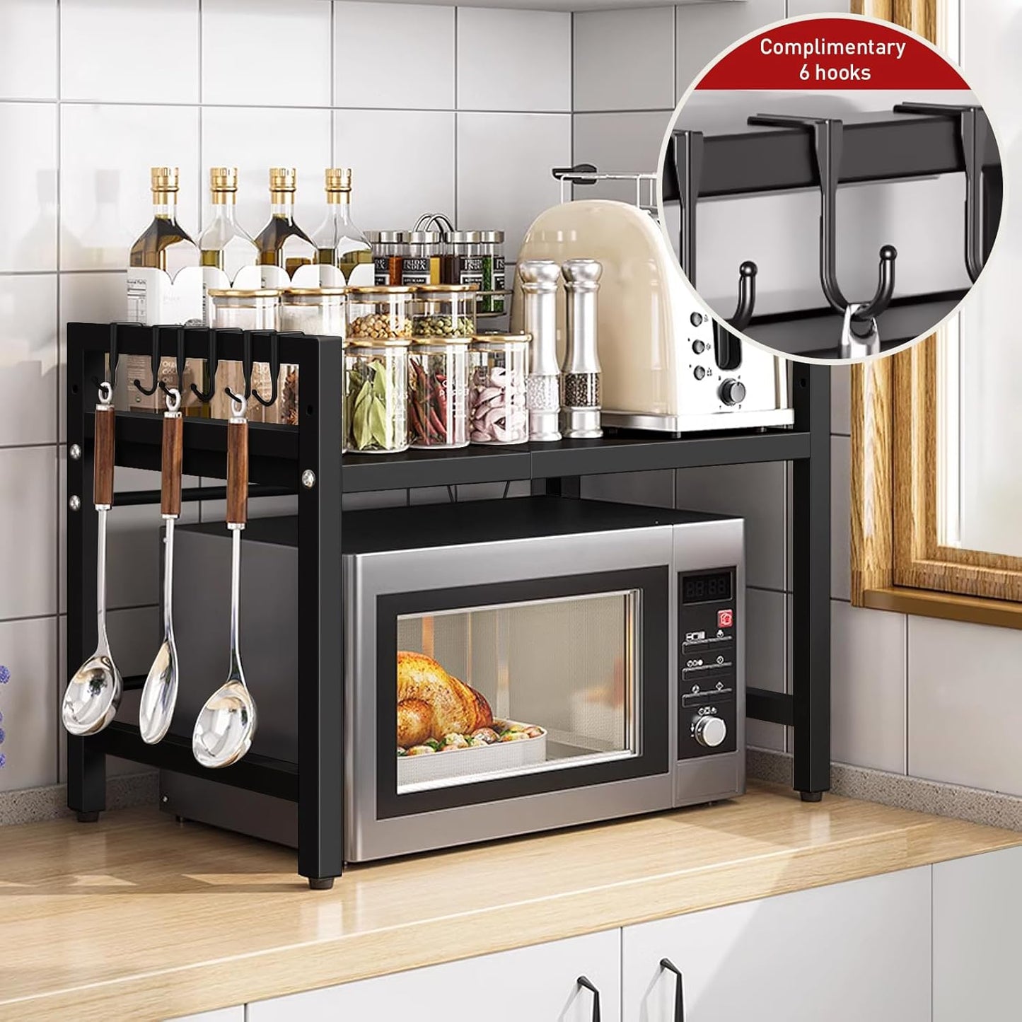 2 Tier Over Microwave Oven Shelf Storage Solution Organiser Stand Utensil Holder Counter Shelf and Organizer with 3 Hooks Carbon Steel 55lbs Weight Capacity Matte Black HYGRAD BUILT TO SURVIVE