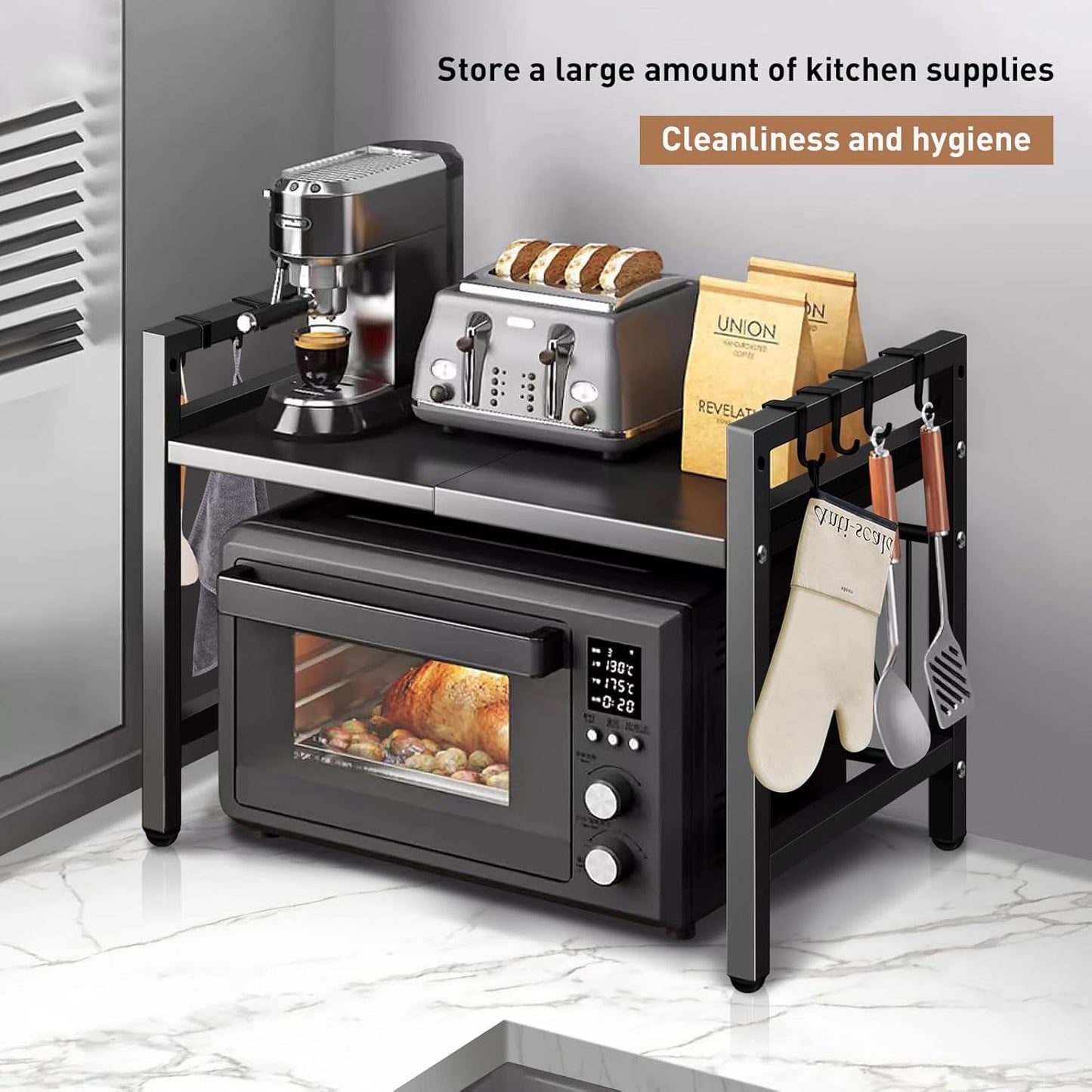 2 Tier Over Microwave Oven Shelf Storage Solution Organiser Stand Utensil Holder Counter Shelf and Organizer with 3 Hooks Carbon Steel 55lbs Weight Capacity Matte Black HYGRAD BUILT TO SURVIVE