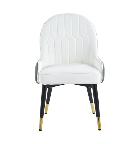 Accent Armchair, Fire Resistant PU Leather Dining Chairs Padded Seat With Mental Black Legs And Gold Horns, 2 Piece Set For Living Rooms, Dining Rooms, Bedrooms, Offices (WHITE/ GREY) HYGRAD BUILT TO SURVIVE
