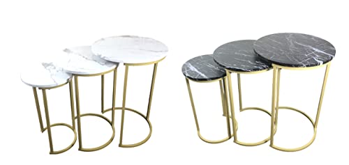 Set of 3 Round Vintage Wooden/Steel Nesting Side Coffee Tables Stacking Sofa Side, Space Saving Coffee Tea Table for Hallway Living Room Bedroom Office Black Marble Look Large, Medium & Small (Black) HYGRAD BUILT TO SURVIVE