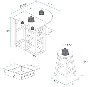 White Wooden Portable Drop Leaf Folding Rolling Kitchen Island Trolley Table Desk with Stools HYGRAD BUILT TO SURVIVE