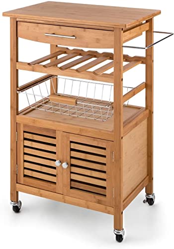 HYGRAD BUILT TO SURVIVE Bamboo Wood Rolling Kitchen Cart Trolley Dining Island Drawer Wine Rack Cabinet Storage Organiser Louisiana Kitchen Trolley Serving Rolling Cart with Numerous Storage Options HYGRAD BUILT TO SURVIVE