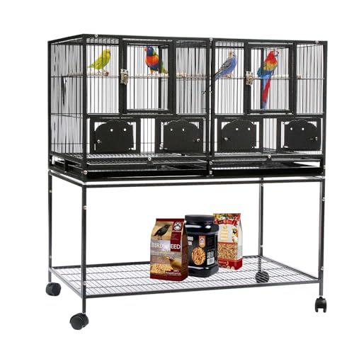 42" Single Stackable Deep & Wide Breeding Center Divider Nest Box Bird Rolling Stand Cage Divided Breeder Parakeet Bird Cage for Canary Cockatiel Parrot Lovebird (Black 95x60x104cm) HYGRAD BUILT TO SURVIVE