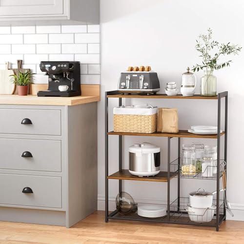 HYGRAD BUILT TO SURVIVE 4 Tier Wooden/Metal Industrial Look Rustic Kitchen Bakers Rack Microwave Shelf Organiser With Mesh Baskets HYGRAD BUILT TO SURVIVE
