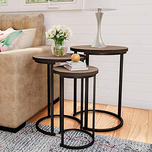 Set of 3 Round Vintage Wooden/Steel Nesting Side Coffee Tables Stacking Sofa Side Tables, Space Saving Coffee Tea Table for Hallway Living Room Bedroom Office Rustic Brown+Black, Round HYGRAD BUILT TO SURVIVE