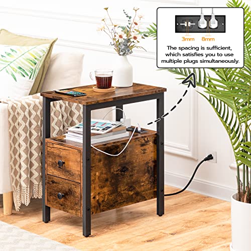 HYGRAD BUILT TO SURVIVE Industrial Look Wooden Narrow Side End Table Nightstand With Charging Station UK Plugs, USB Ports & Drawers HYGRAD BUILT TO SURVIVE
