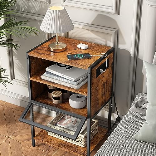 HYGRAD BUILT TO SURVIVE 3 Tier Industrial Look Wooden Nightstand Bedside Table With Drawer Storage & Charging Station UK Outlets USB Ports HYGRAD BUILT TO SURVIVE