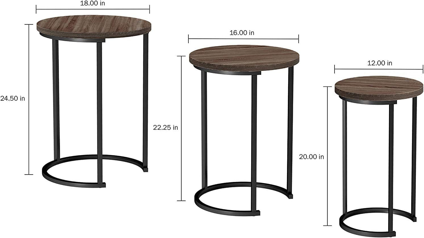 HYGRAD BUILT TO SURVIVE Set of 3 Round Vintage Wooden/Steel Nesting Side Coffee Tables Hallway Bedroom Living Furniture HYGRAD BUILT TO SURVIVE