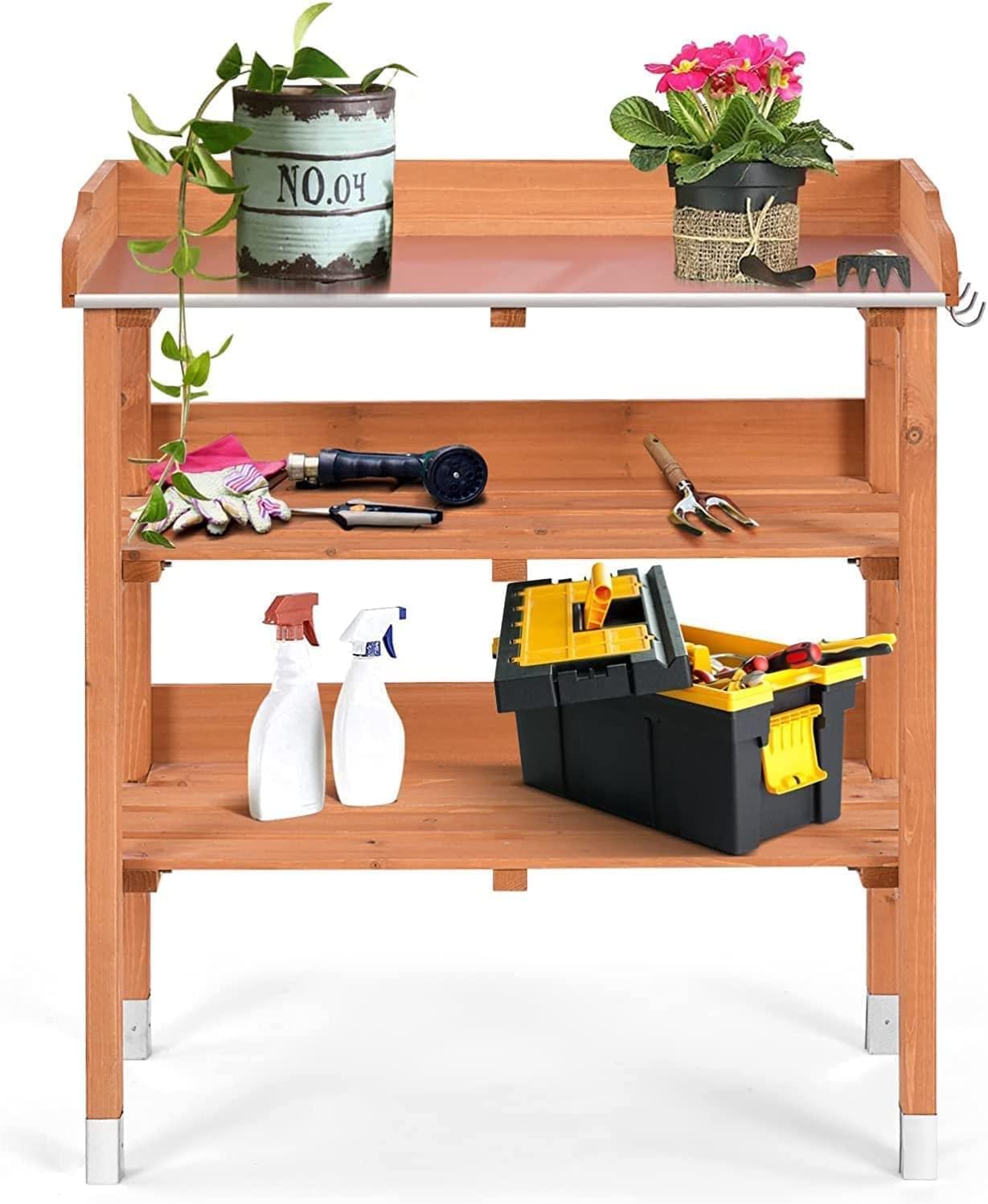 3 Tier Wooden Potting Planting Outdoor Garden Work Bench Table Station With Galvanized Top HYGRAD BUILT TO SURVIVE