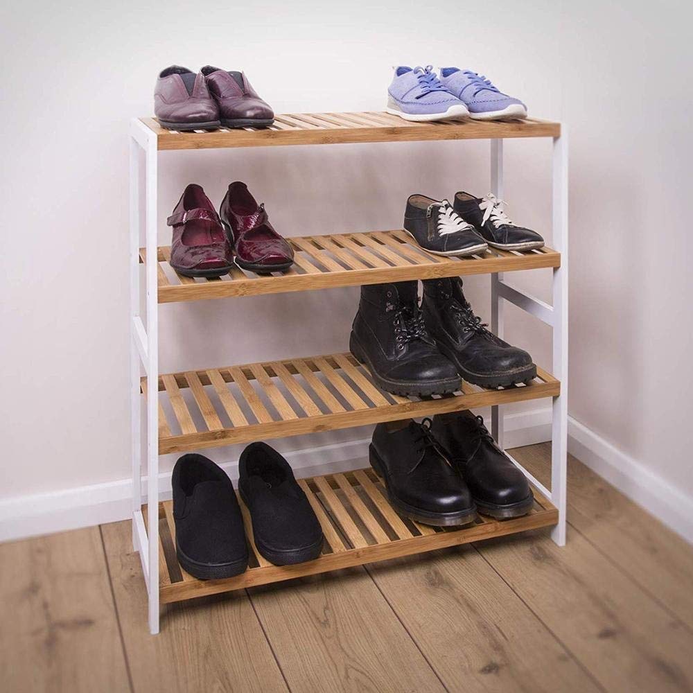4 Tier Natural Bamboo Wood Shoe Rack Storage Shelf Stand Organiser Hallway Furniture, 16 Pair of Shoes,Ideal of Corridor, Living Room,Bathroom, Bedroom or Hallway (Natural & White) HYGRAD BUILT TO SURVIVE