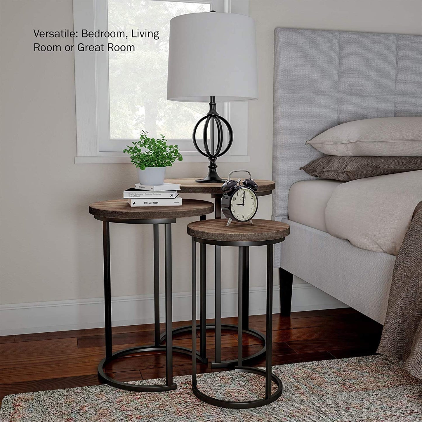 HYGRAD BUILT TO SURVIVE Set of 3 Round Vintage Wooden/Steel Nesting Side Coffee Tables Hallway Bedroom Living Furniture HYGRAD BUILT TO SURVIVE