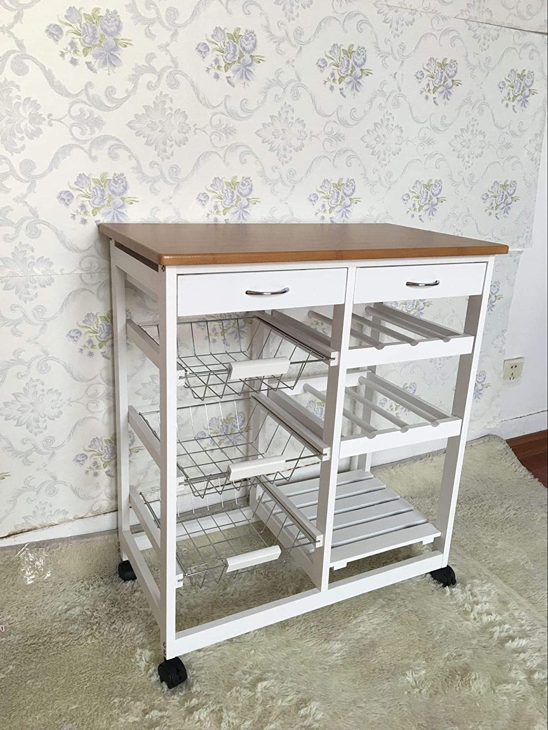 Kitchen Trolley MDF Top White/Grey Island Dining Cart Worktop Basket Storage Lockable Wheels HYGRAD BUILT TO SURVIVE