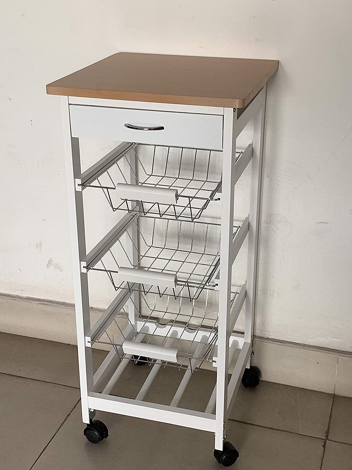 White Wooden 2 & 3 Tier Rolling Kitchen Trolley Basket Organiser Cabinet Cart Generic