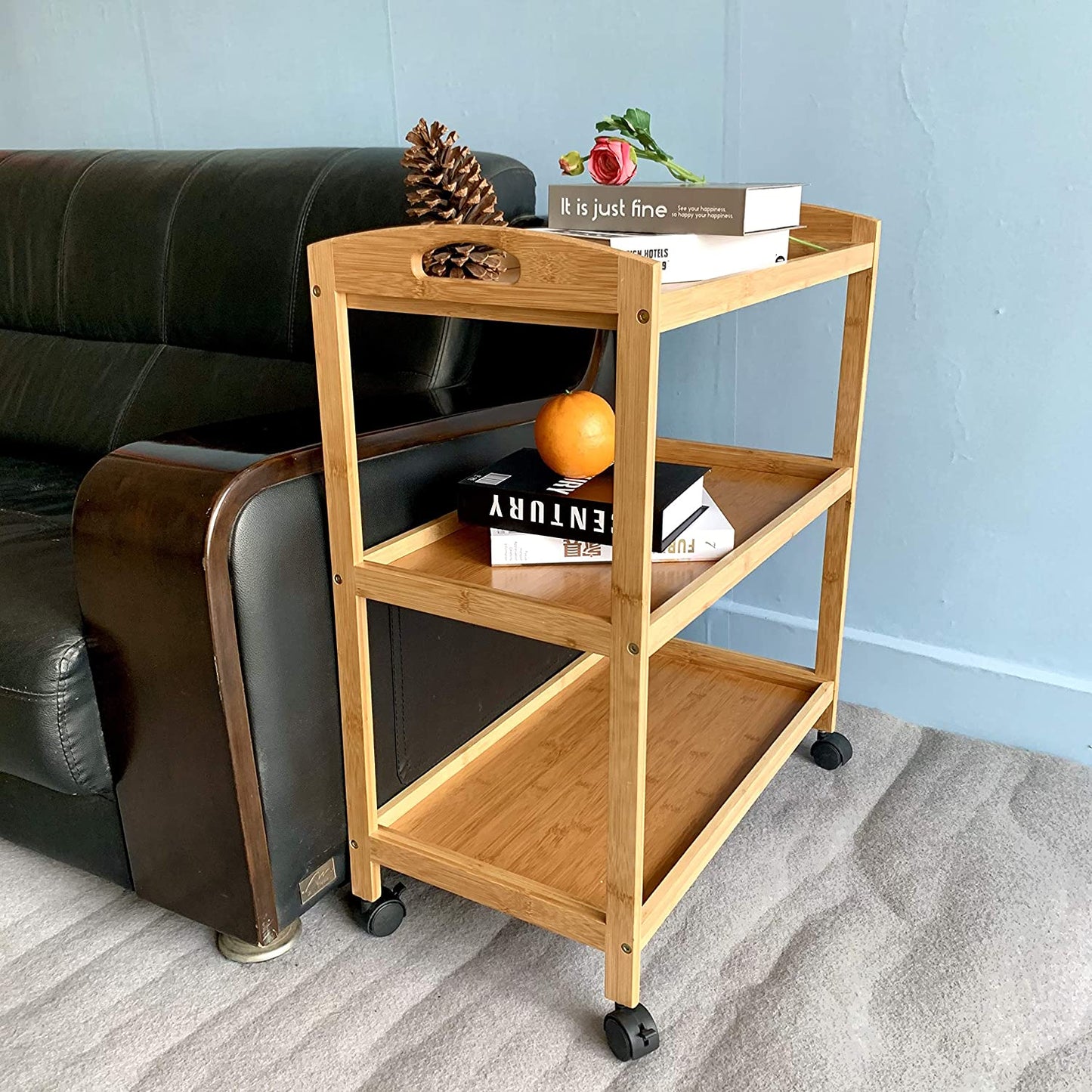 Hygrad Bamboo 3 Tier Kitchen Storage Rack Serving Trolley Island Cart With Wheels HYGRAD BUILT TO SURVIVE