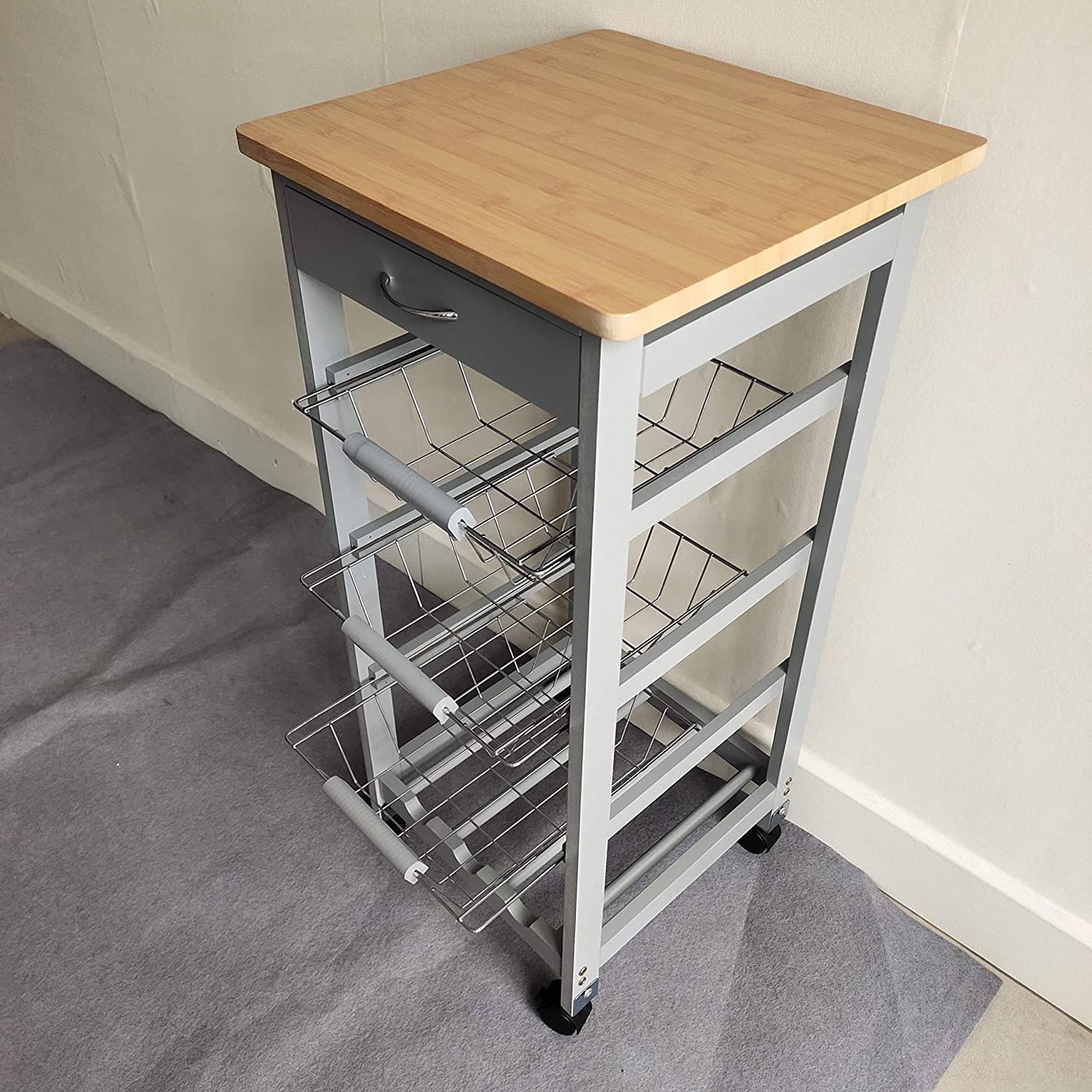HYGRAD BUILT TO SURVIVE Kitchen Trolley White/Grey Wooden 3 Tier Rolling Basket Organiser Cabinet Cart (3 Basket + 1 Wine Rack) HYGRAD BUILT TO SURVIVE