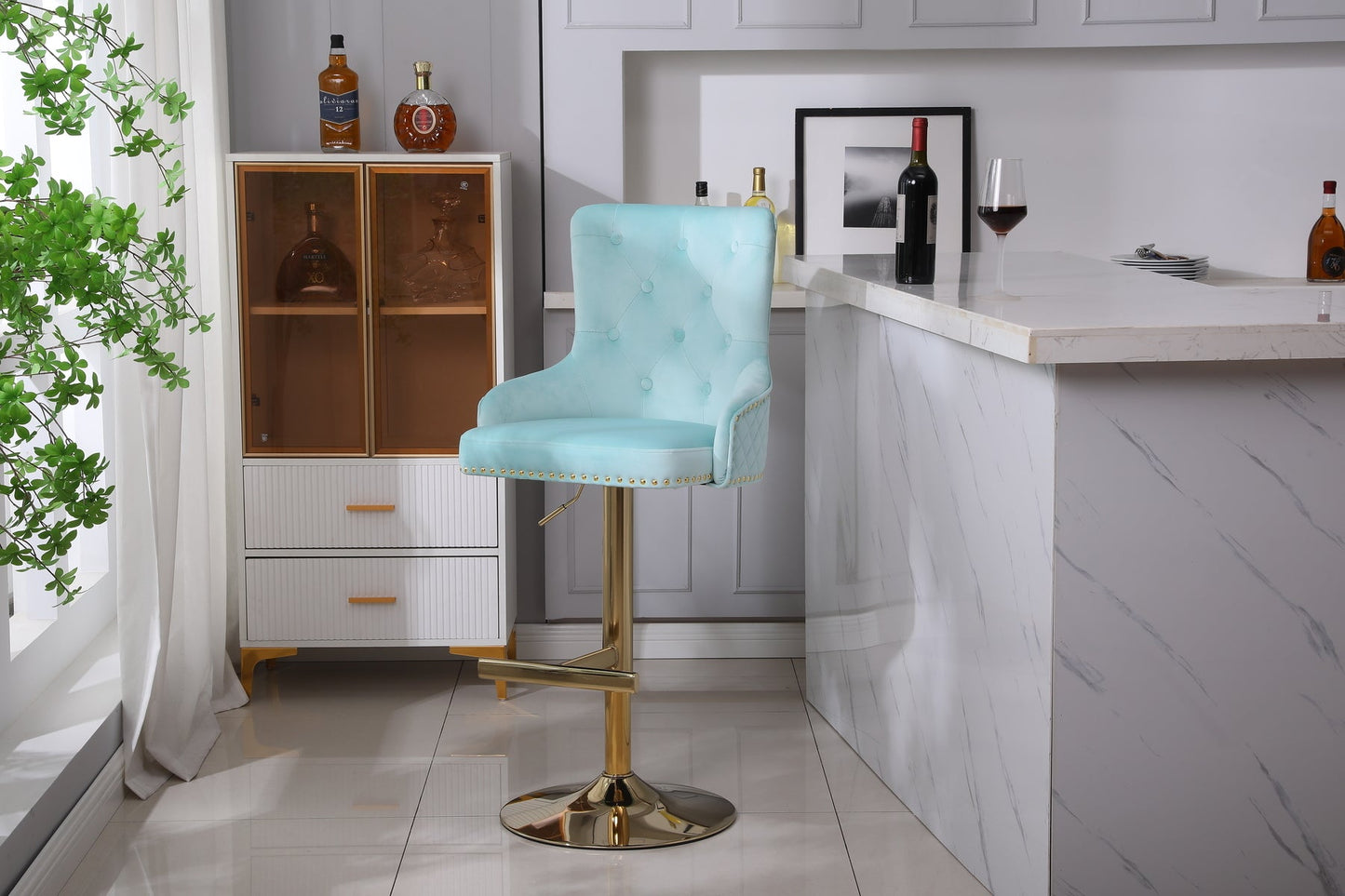 HYGRAD BUILT TO SURVIVE Velvet Upholstery 360 Degree Swivel Breakfast High Bar Home Kitchen Pub Stools Chair Seat With Gas Lift & Metal Base (1, Turquoise) HYGRAD BUILT TO SURVIVE