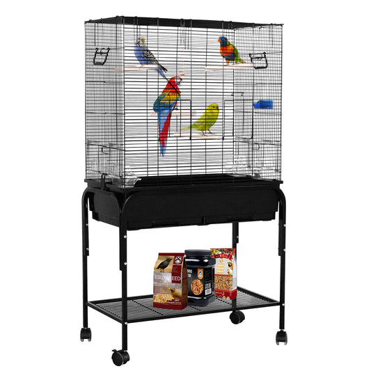 Large Wide Bird Cage Budgie Cage with Stand & Storage Parrot Cage Black Iron Flight Cage for Small lovebird/Cockatiel/Parakeet/Conure/Finch/Budgie/Canary 130cm High with Stand HYGRAD BUILT TO SURVIVE