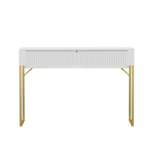 Free Standing White Elegant Fluted Wooden Computer Study Writing Desk Vanity Console Beauty Table With Golden Legs HYGRAD BUILT TO SURVIVE